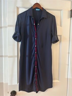 J. McLaughlin Navy Dress with red Grosgain ribbon trim down front placket